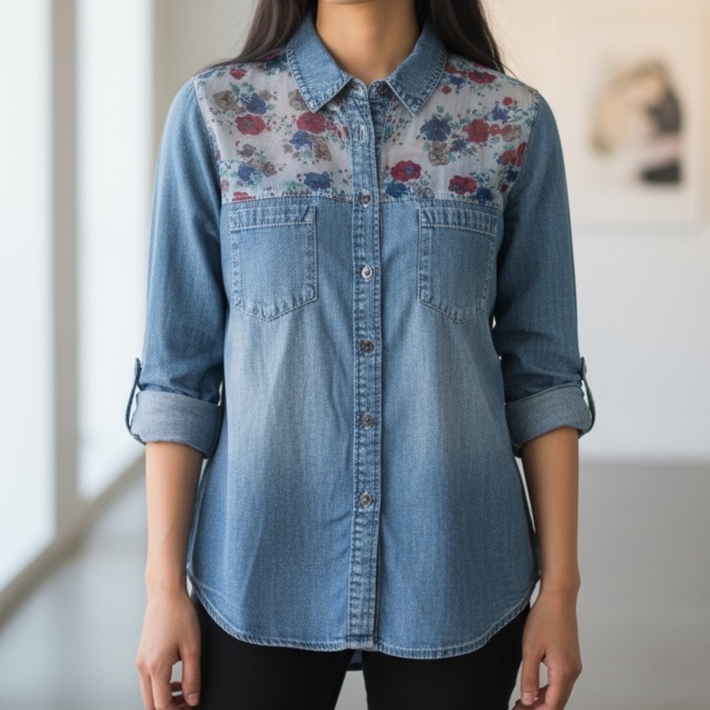 Sans Souci Blue Button Down Denim Shirt Size M Floral Lace Tab Sleeve